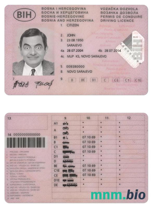 Bośnia i Hercegowina prawo jazdy szablon w formacie PSD, ze wszystkimi czcionkami